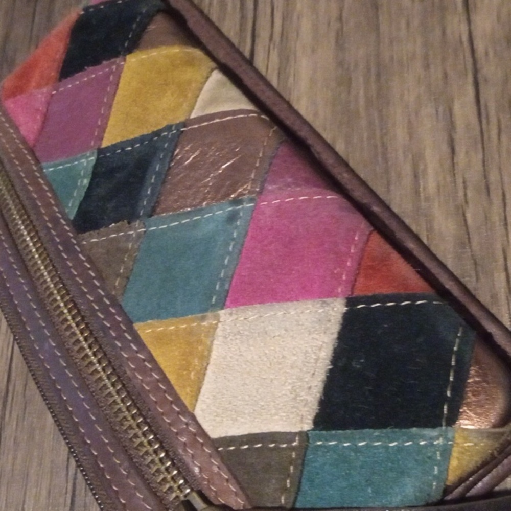 Rare Fossil Patchwork Wallet Suede Leather Colorful Vintage Metallic Details
